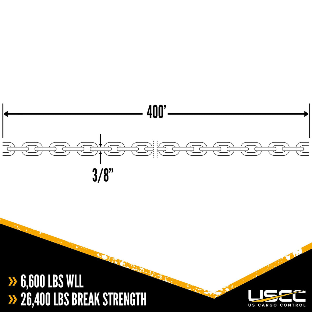 US Cargo Control Grade 70 Chain, 3/8 Inch x 400 Foot, Heavy Duty Transport Chain, 6,600 Pound Working Load Limit