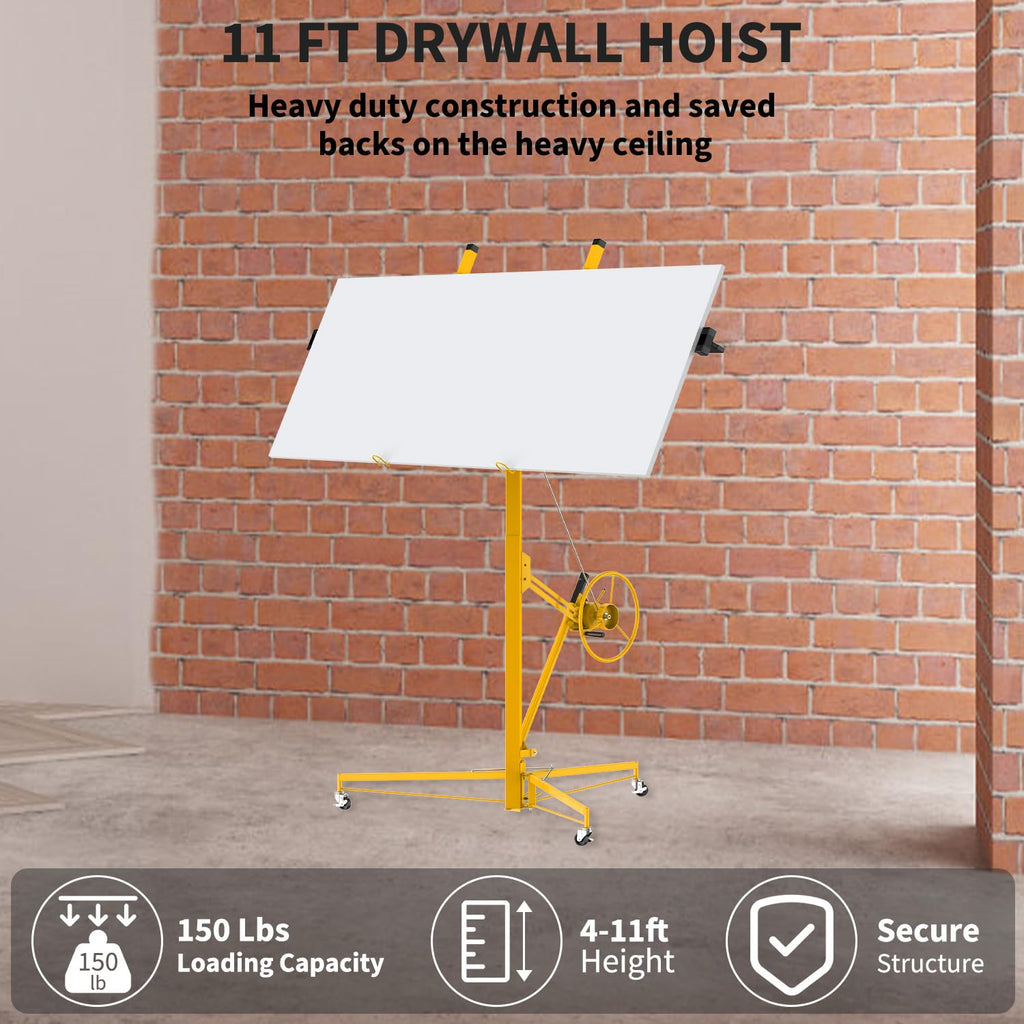 11FT Drywall Lift 150lb, 360 Swivel & 60 Tilt, Tool-Free, 3 Locking Casters