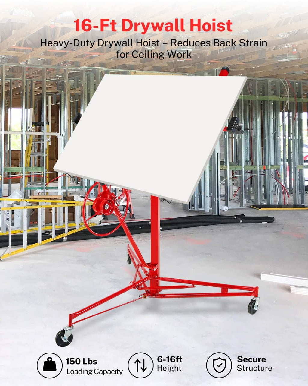 Adjustable Drywall Lift 11FT Heavy Duty - 150Lb Capacity Steel Panel Hoist with Telescopic Arm & Locking Wheels, Single Person Drywall Lifter, Sheetrock Lift for Ceiling Installation