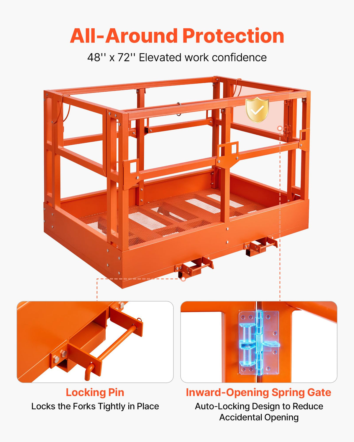 VEVOR Mesh Telehandler Work Platform, 48 x 73.9 Inch, Man Safety Basket, 2000 lbs Capacity, Forklift Telehandler Attachment, Safety Cage, Heavy Duty Carbon Steel, for Most Aerial Jobs Lifting Loader