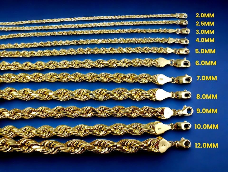 10K Yellow Gold Rope Necklace Bracelet Chain Diamond Cut 2mm-10mm 7"-30" | MADE IN ITALY