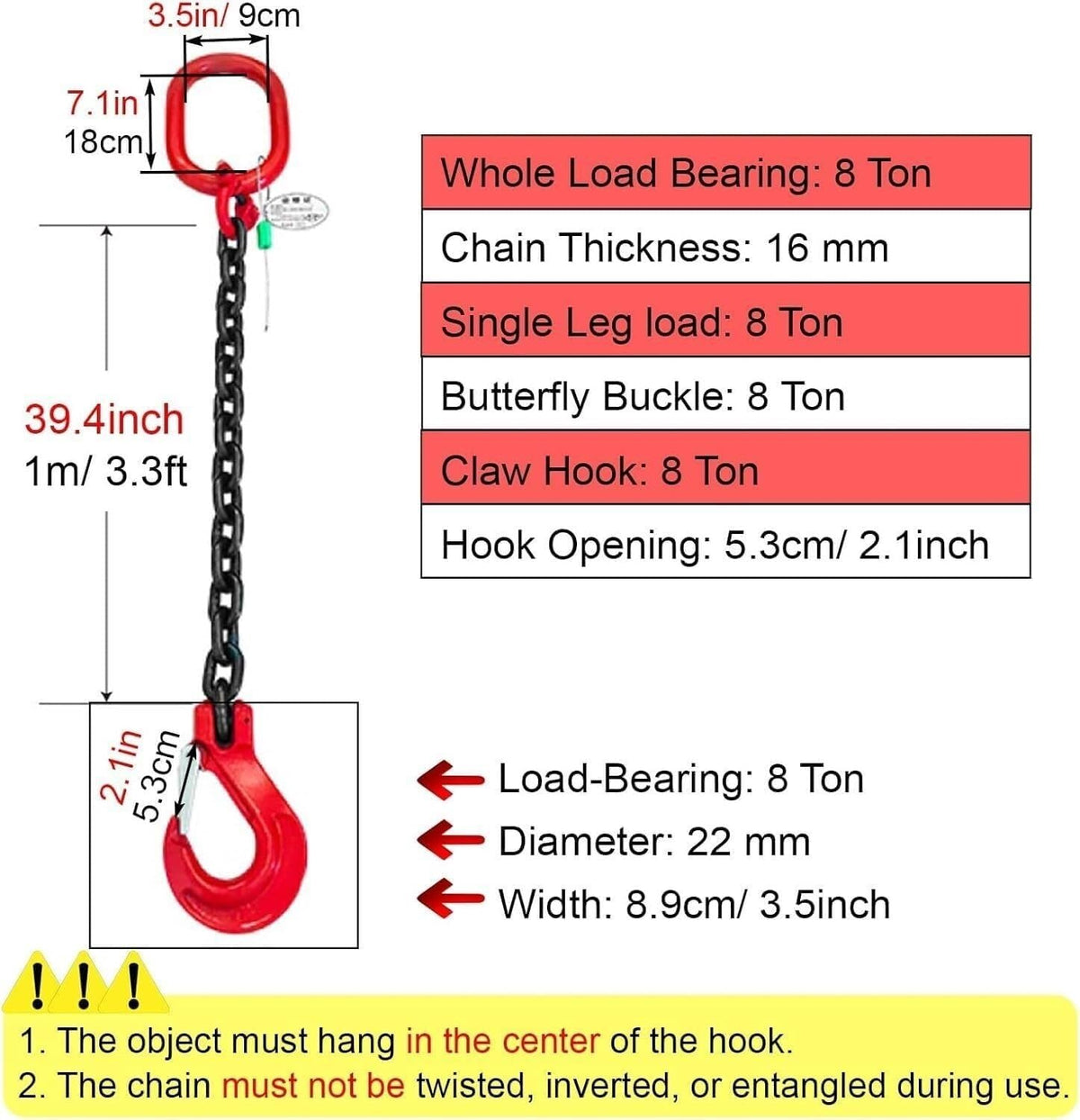 Heavy-Duty Lifting Chain with Grab Hook for Engine Hoisting and Sling Applications, High Load-Bearing Capacity,8 Ton