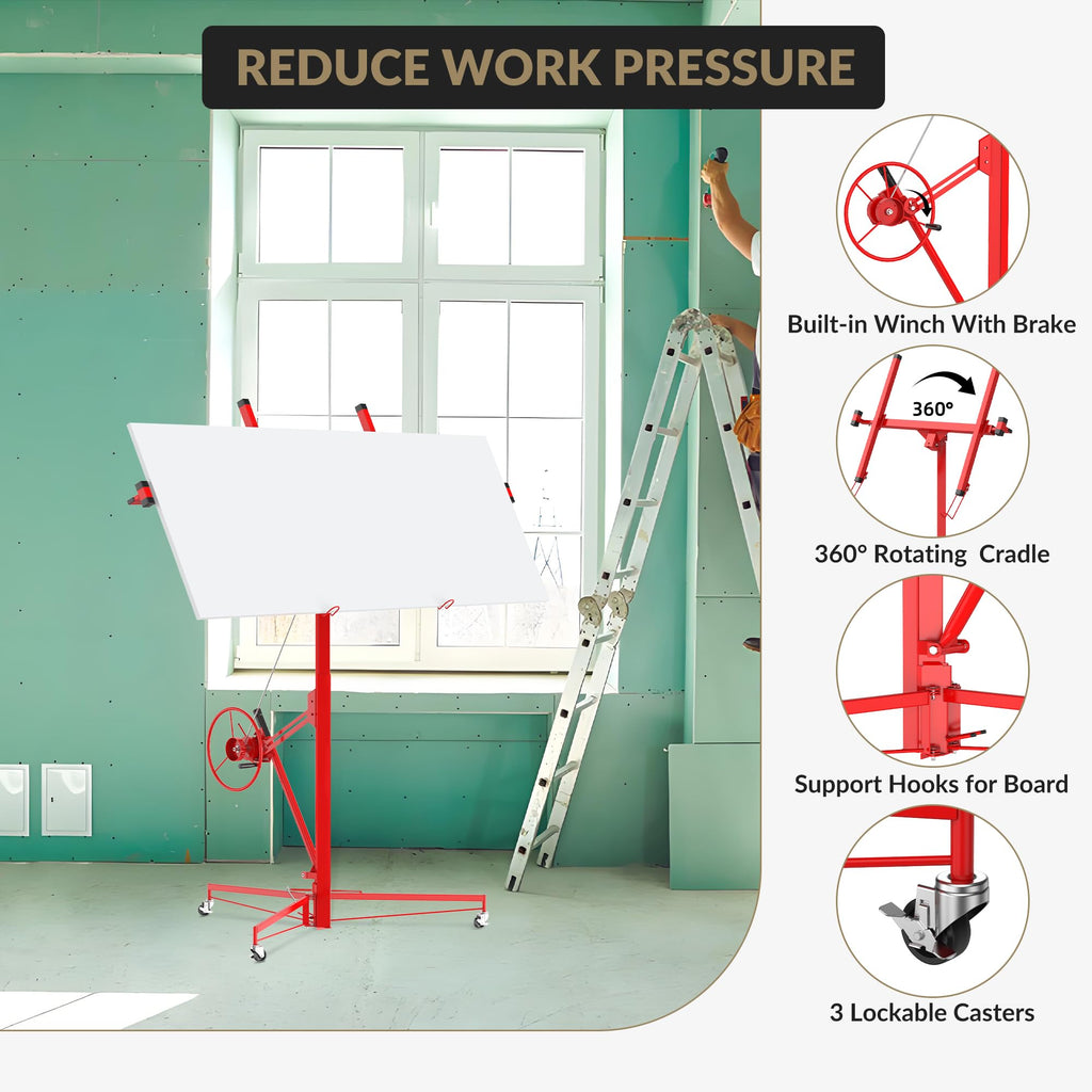 16FT Drywall Lift, Heavy Duty Sheetrock Hoist Jack with 360° Adjustable Telescopic Arm & 3 Lockable Wheels, 150Lb Capacity Steel Panel Lifter for Ceiling & Wall Installation, Solo Operation, Red