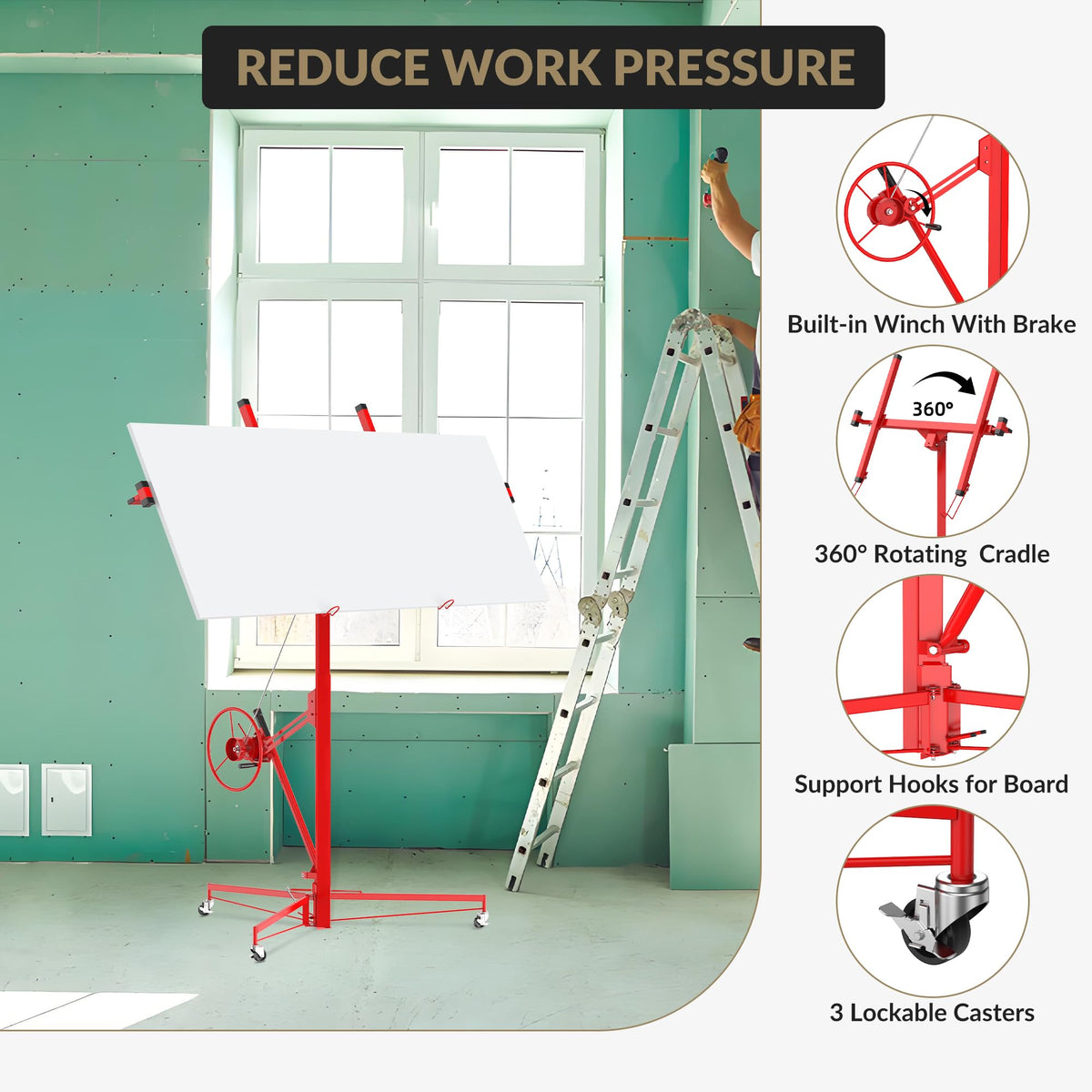 16FT Drywall Lift, Heavy Duty Sheetrock Hoist Jack with 360° Adjustable Telescopic Arm & 3 Lockable Wheels, 150Lb Capacity Steel Panel Lifter for Ceiling & Wall Installation, Solo Operation, Red