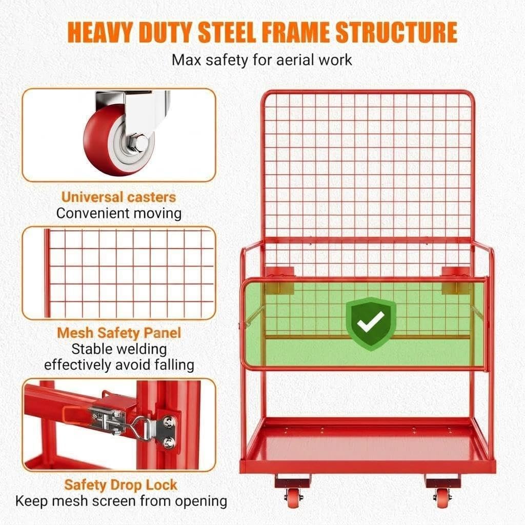Garvee Industrial Steel Forklift Safety Cage – 1,400 lbs Capacity Man Basket with Collapsible Platform, Guardrails, Safety Harness & Wheels – Heavy-Duty Facility Barrier