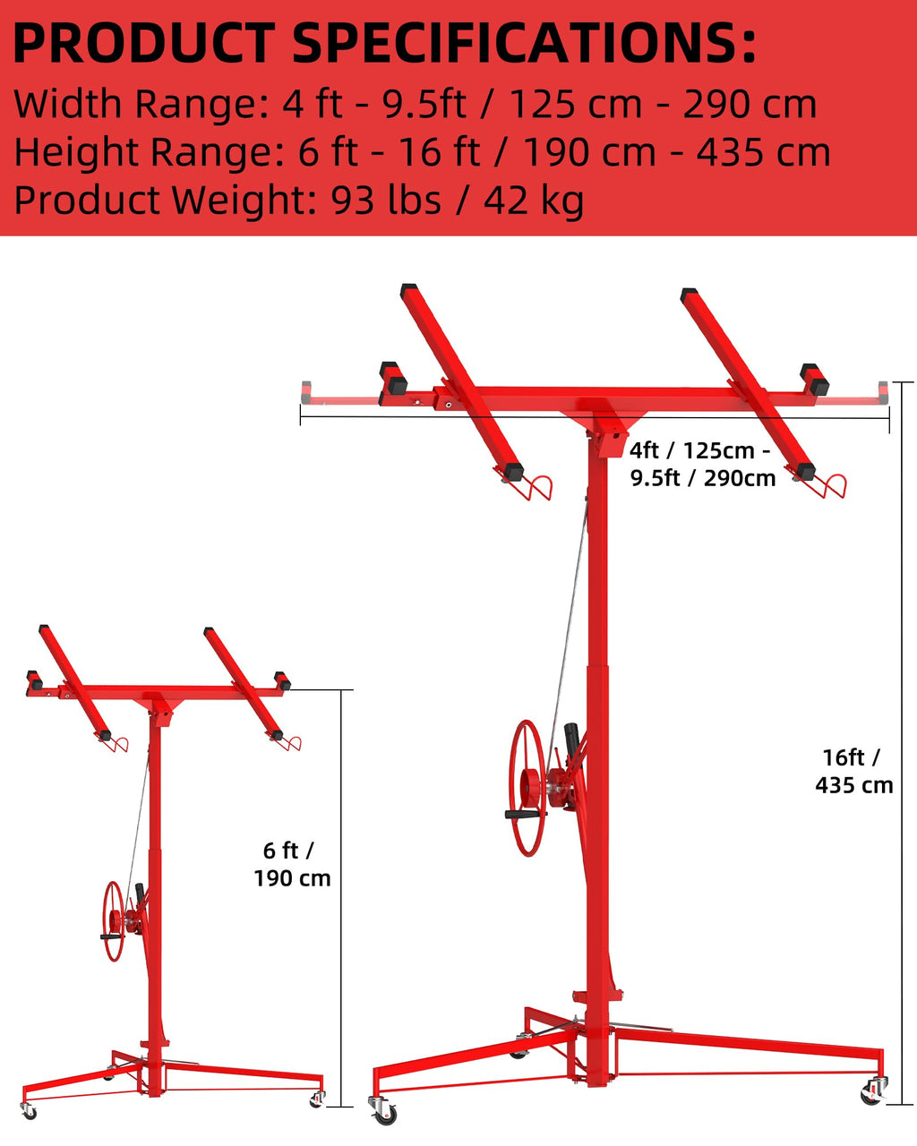 16 ft Drywall Lift, 150 lb Capacity, Adjustable Panel Hoist with Wheels