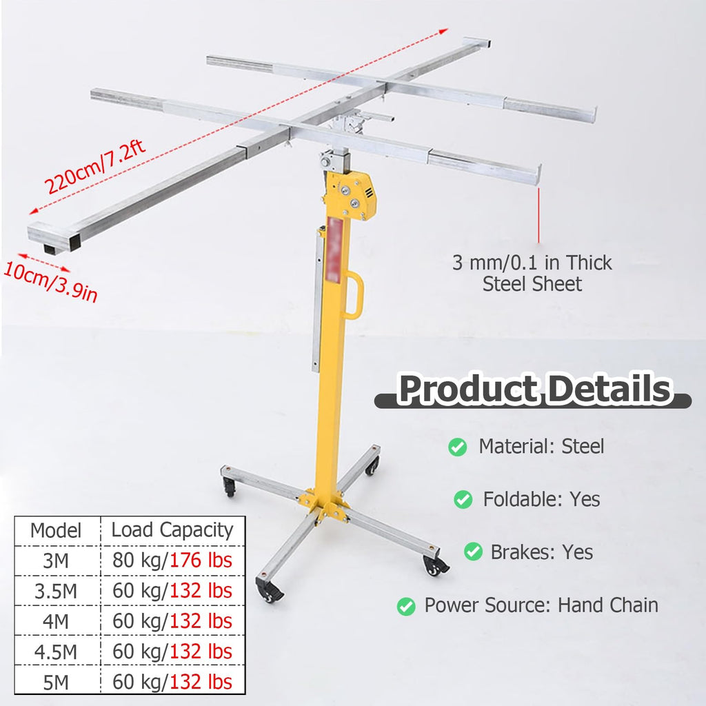 Drywall Lifter Panel Hoist Dry Wall Rolling Caster, Movable Drywall Jack Lift for Ceiling 70kg Lifting Capacity, Heavy Duty Panel Rolling Drywall Lift, Mounting Aid(H 3 m/9.8 ft+Lockable wheels)