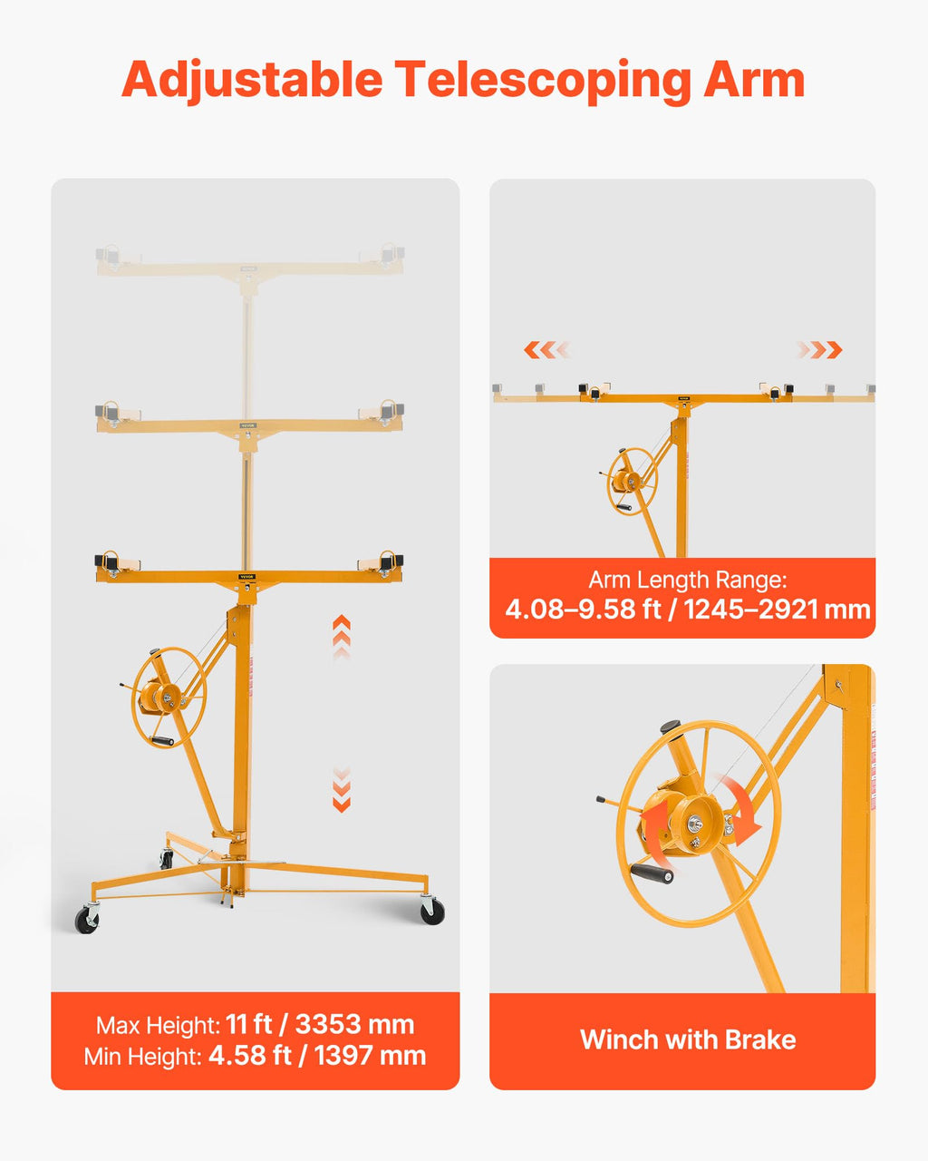 VEVOR 11ft Drywall Lift Heavy-Duty 150 lbs Mobile Sheetrock Hoist Yellow