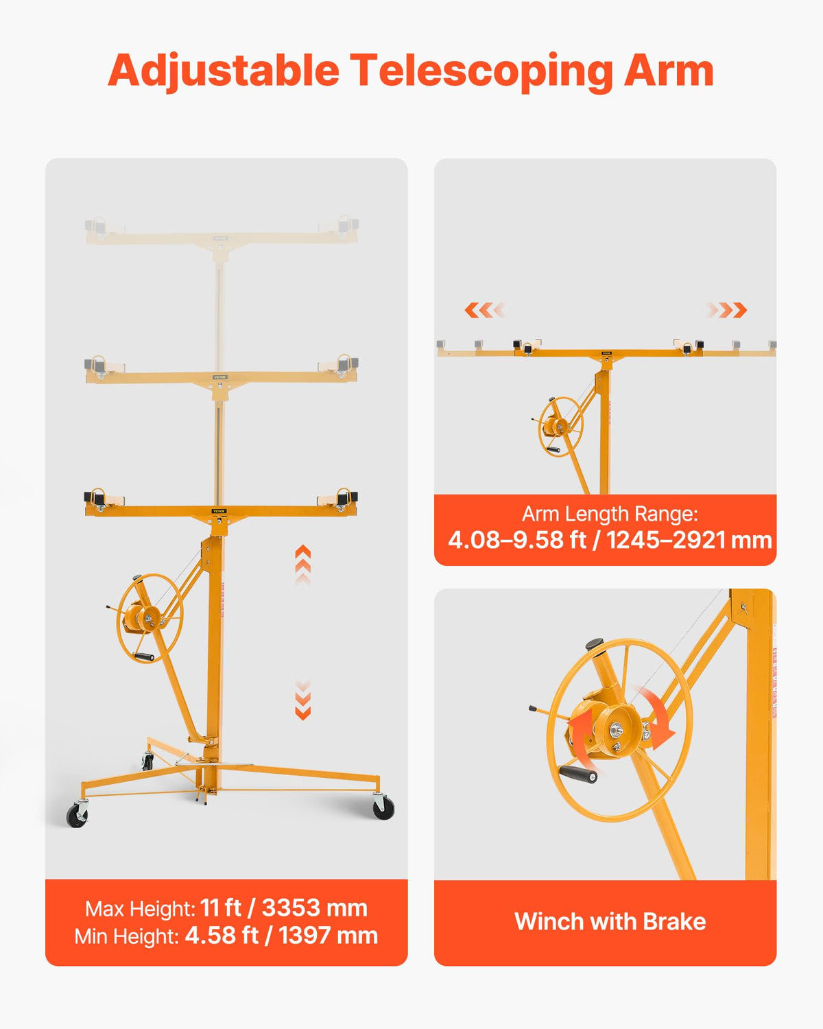 VEVOR 11ft Drywall Lift Heavy-Duty 150 lbs Mobile Sheetrock Hoist Yellow