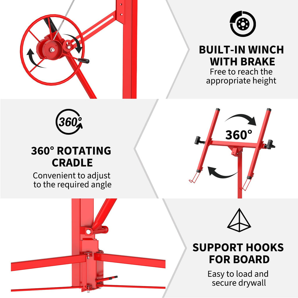 16ft 150lb Heavy-Duty Drywall Lift – Telescopic Sheetrock Hoist with 360° Swivel & 60° Tilt Arm, Tool-Free Adjustment, 3 Lockable Casters – Red + Black