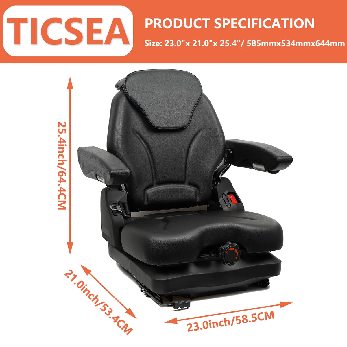 Tractor Suspension Seat, Fold Down Forklift seat with Adjustable Angle Back, Micro Switch, Seatbelt and Armrests, Highback Low Suspension Heavy Duty for Tractor Mower Excavator Harvester