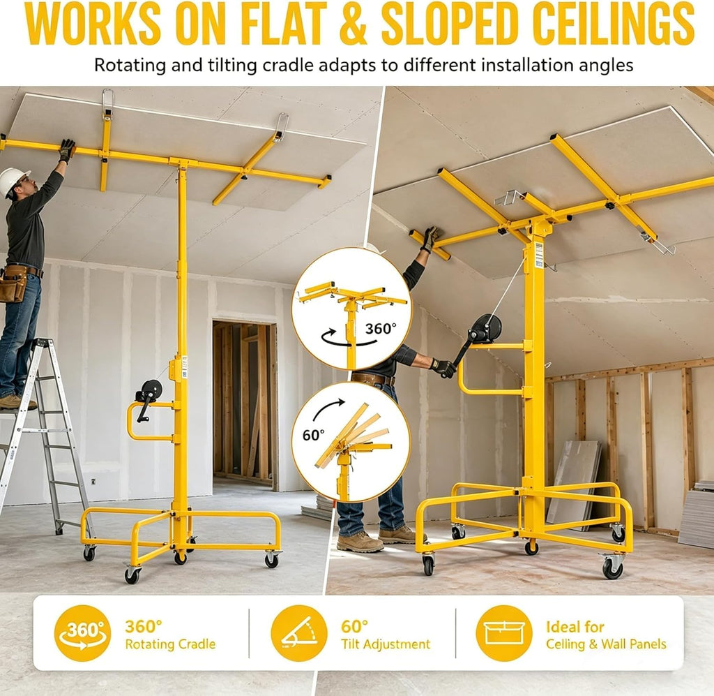 16FT Drywall Lift Sheetrock Lift, 150LBS Drywall Lift Panel Hoist with 4 Lockable Wheels for Ceiling, Drywall Rolling Lifter Panel, Drywall Jack Lift for Home & Commercial Use, Yellow