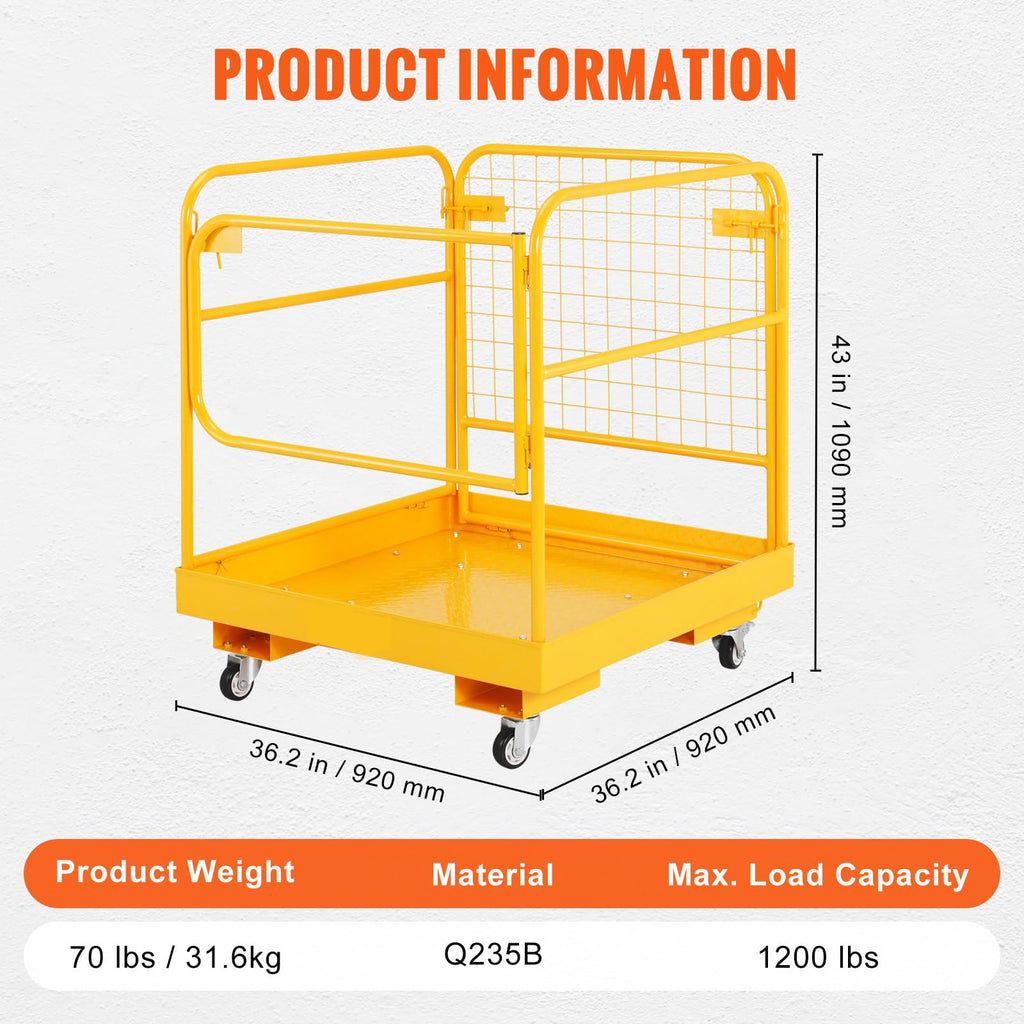 Foldable Forklift Safety Cage, 1200 lbs Load Capacity, Forklift Work Platform with Lockable Swivel Wheels, Drain Hole & Device Chain, 2-Man Collapsible Lift Basket for Lifting Loader