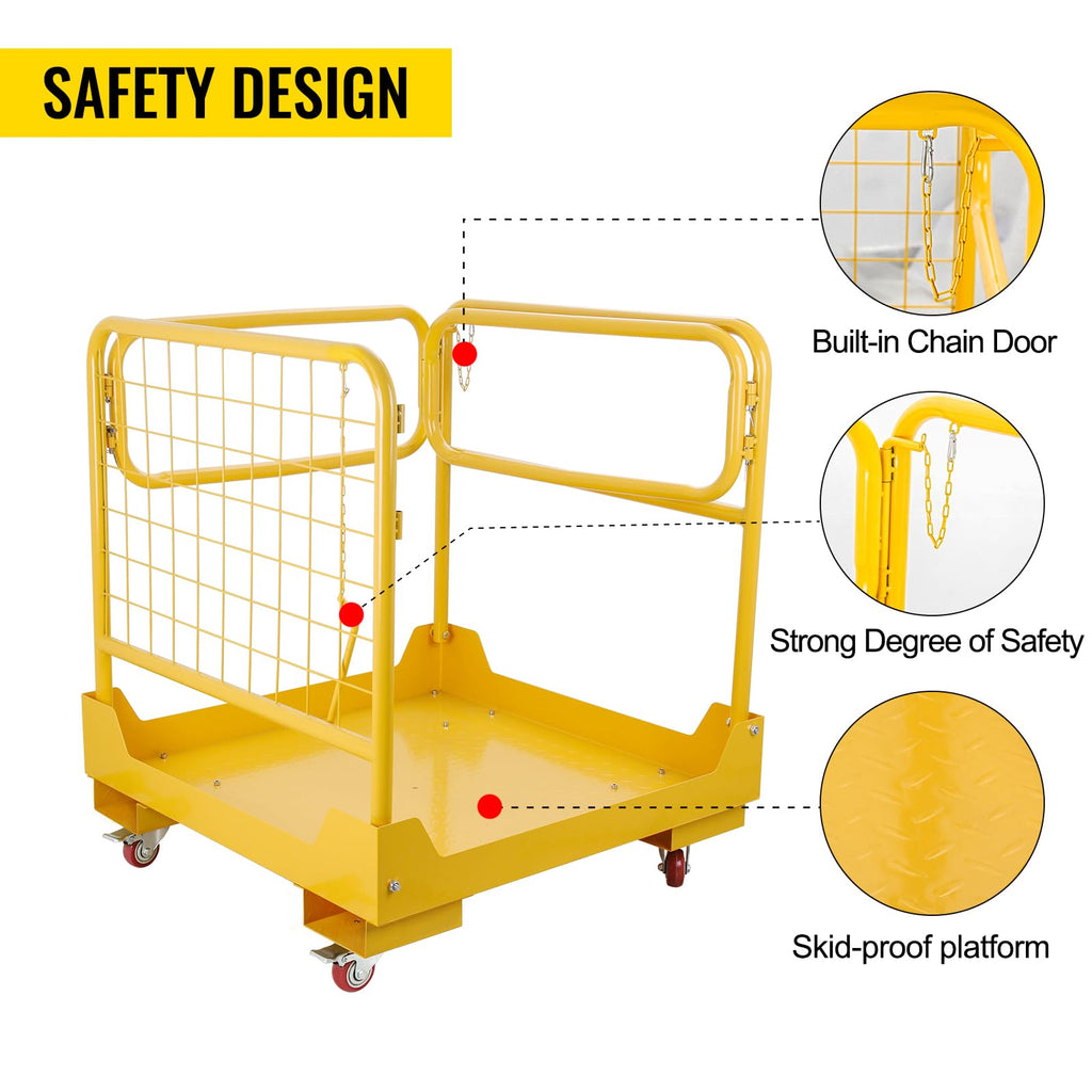 36''x36'' Forklift Safety Cage, Forklift Work Platform 1200LBS Capacity with 4 Universal Swivel Wheels Collapsible Lift Basket Aerial Rails Aerial Platform