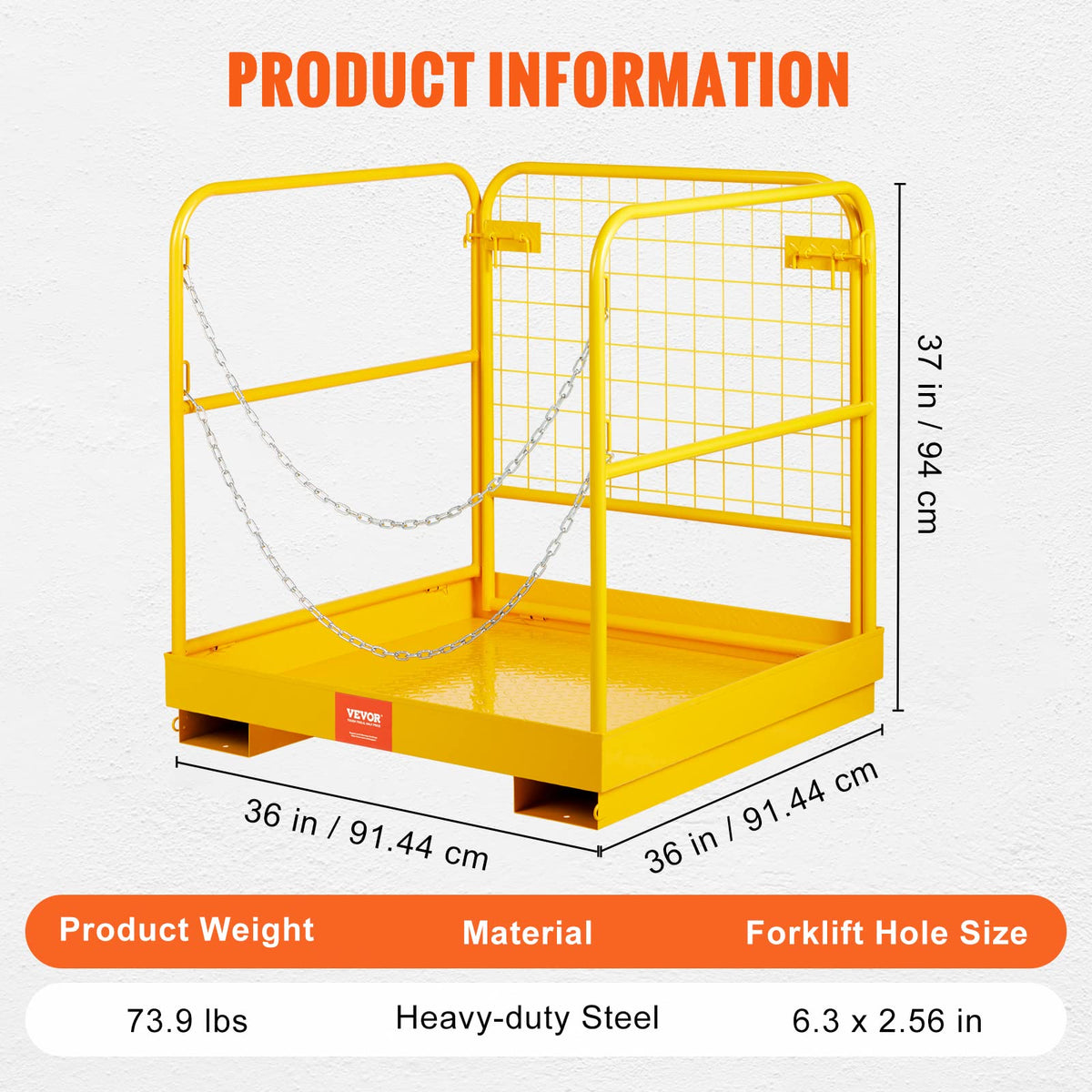 VEVOR Forklift Safety Cage, Forklift Man Basket 1200lbs Capacity, 36'' x 36'' Foldable Forklift Work Platform for 1-2 People with Double-Chain Guardrail & Drain Hole, Perfect for Aerial Work, Orange