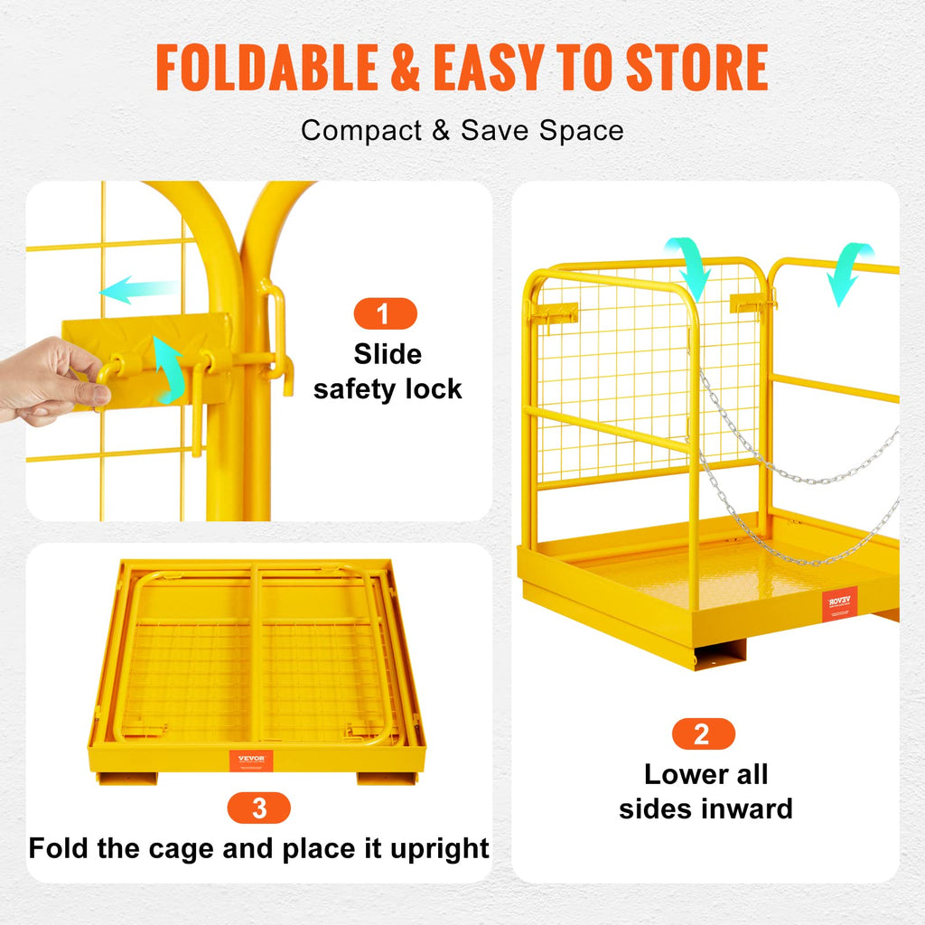 VEVOR Forklift Safety Cage, Forklift Man Basket 1200lbs Capacity, 36'' x 36'' Foldable Forklift Work Platform for 1-2 People with Double-Chain Guardrail & Drain Hole, Perfect for Aerial Work, Orange
