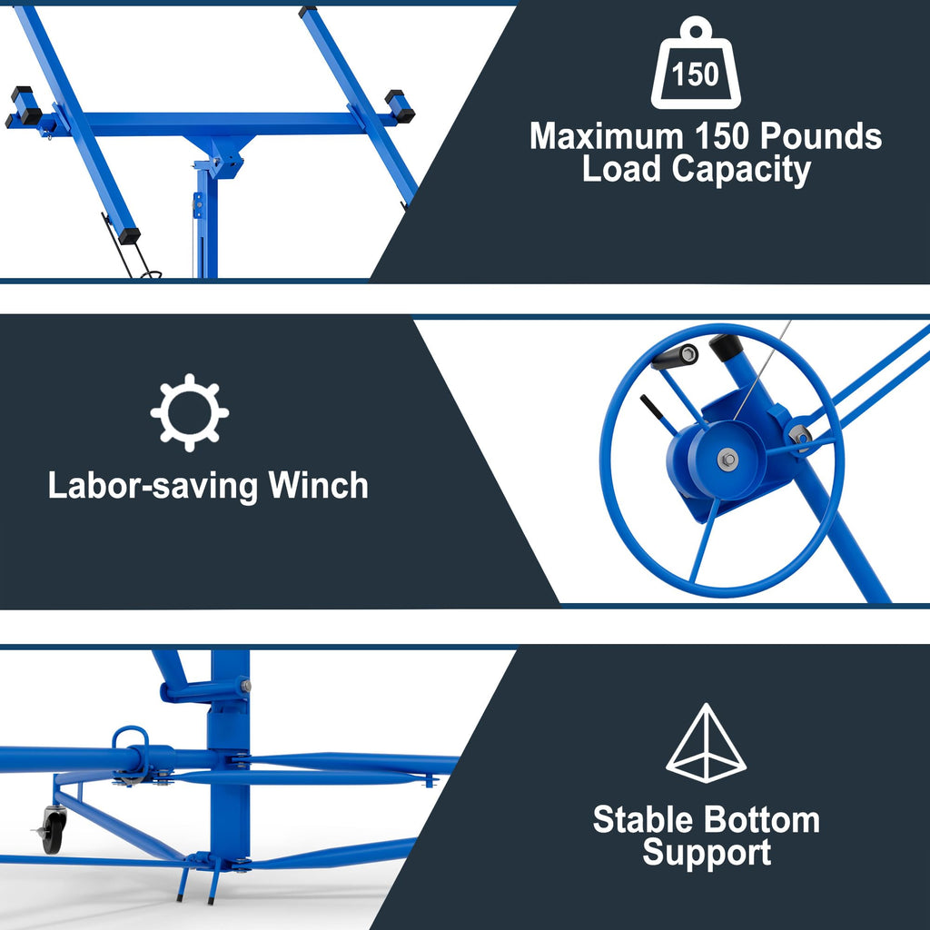 Drywall Lift 16FT, Sheetrock Lift 150LBS Heavy Duty Drywall Lift Panel with 360° Adjustable Telescopic Arm & 3 Lockable Wheels, Drywall Lifter for Home Improvement (Blue)