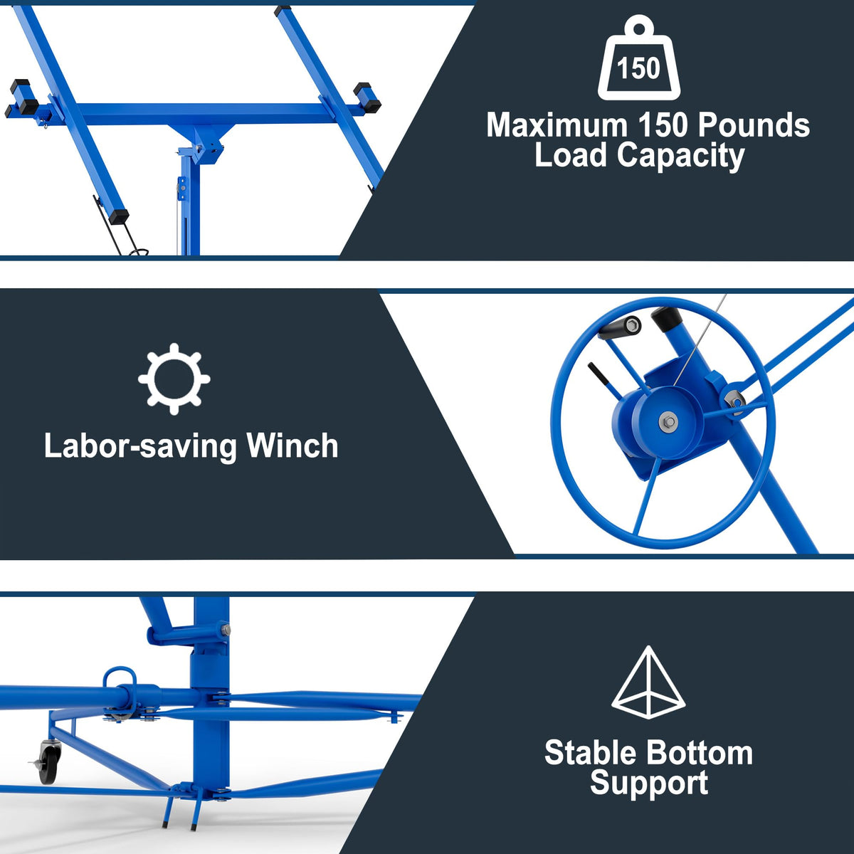 Drywall Lift 16FT, Sheetrock Lift 150LBS Heavy Duty Drywall Lift Panel with 360° Adjustable Telescopic Arm & 3 Lockable Wheels, Drywall Lifter for Home Improvement (Blue)
