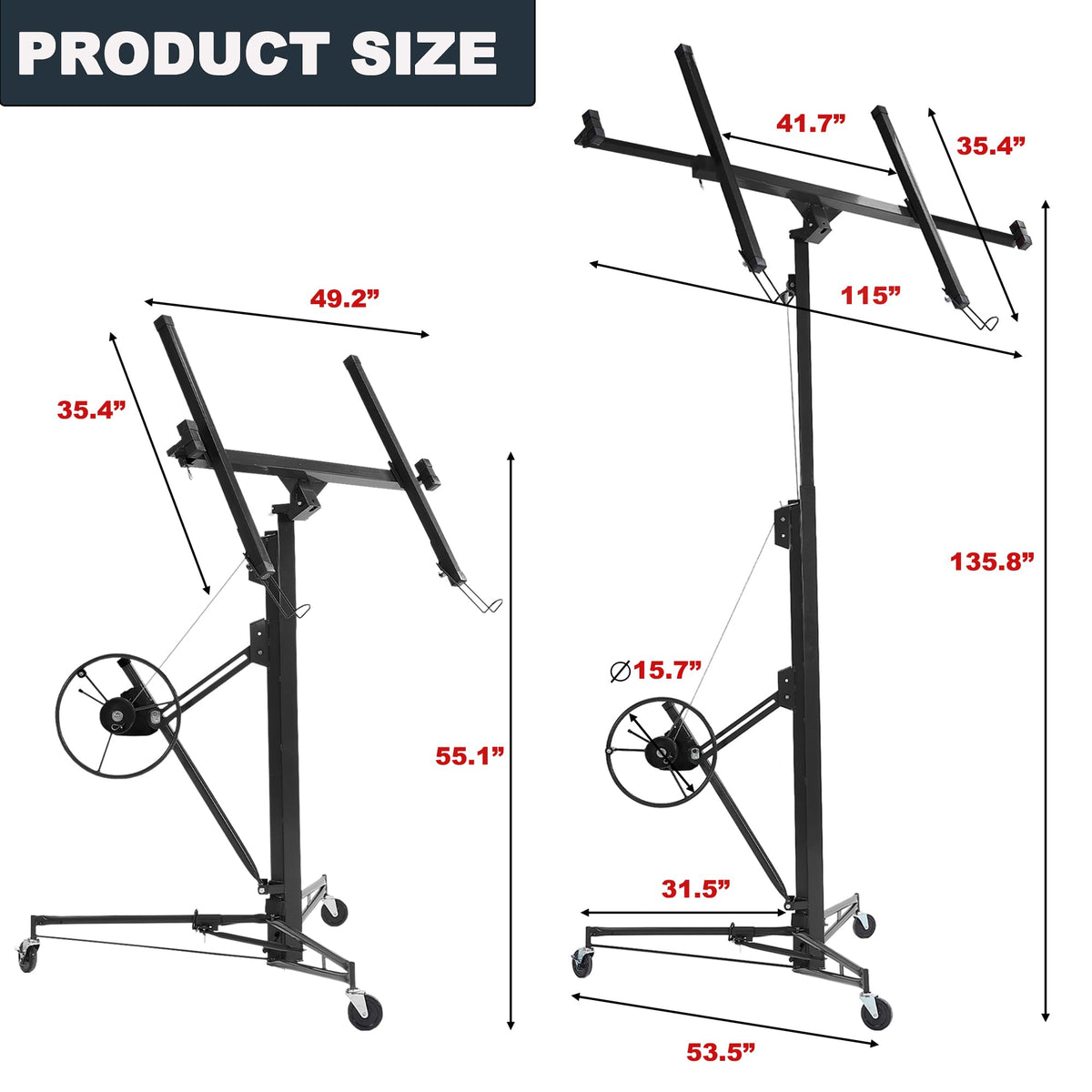 11FT Drywall Lift, 150LB Capacity Sheetrock Panel Hoist, Sheetrock Lifter tools with 3 Lockable Caster Wheels, 360° Rotatable Telescopic Arm for Ceiling Work (Black, 11FT)