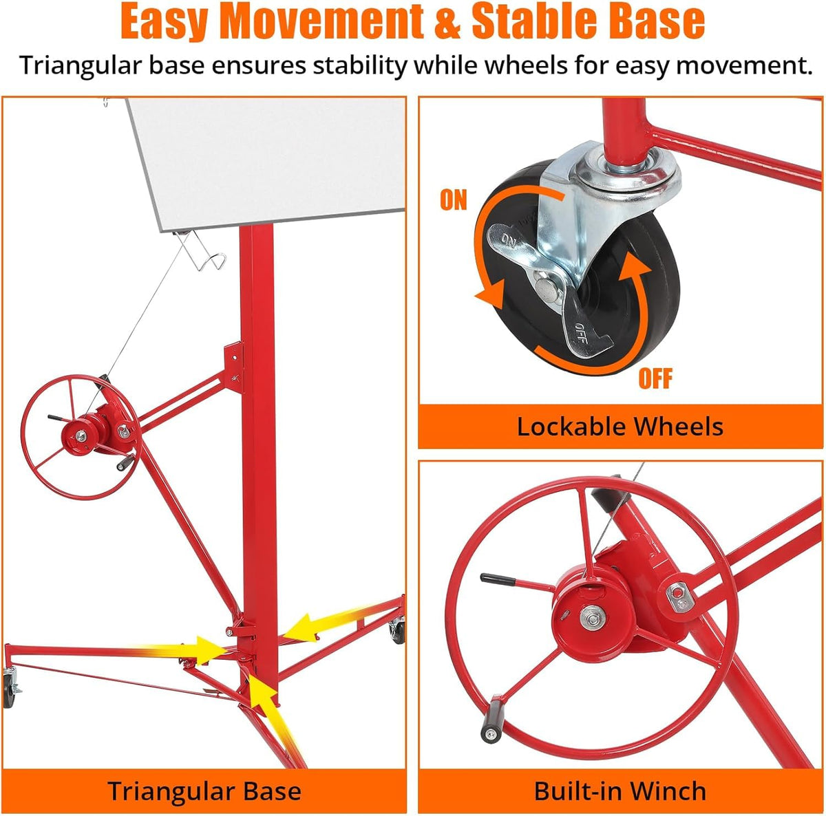 16 FT Drywall Lift Panel Rolling Hoist Jack Lifter, Sheetrock Lift Drywall Lift, Foldable Adjustable Drywall Jack Lift for Ceiling and Walls and Home Improvement, with 3 Lockable Wheels, Red