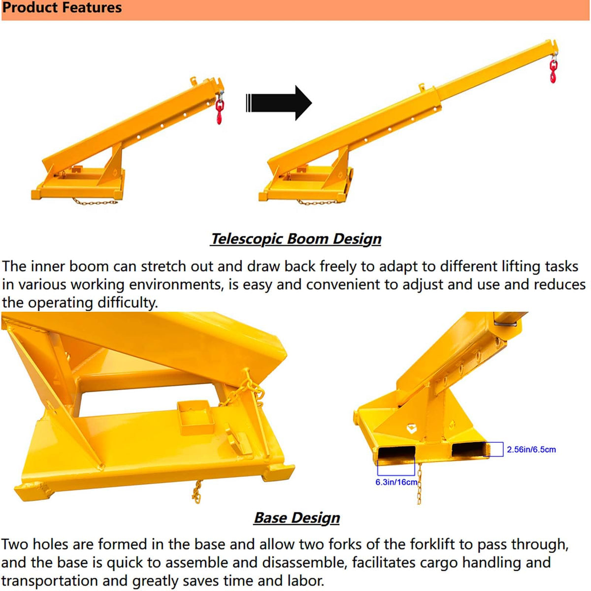 4400LB Adjustable Forklift Mobile Crane, Lifting Forklift Extension Attachments, Fix Angle Jib Boom Crane, W/Telescopic Boom and Hook, for Forklift Towing Handling 63in to 98in Extended Arm