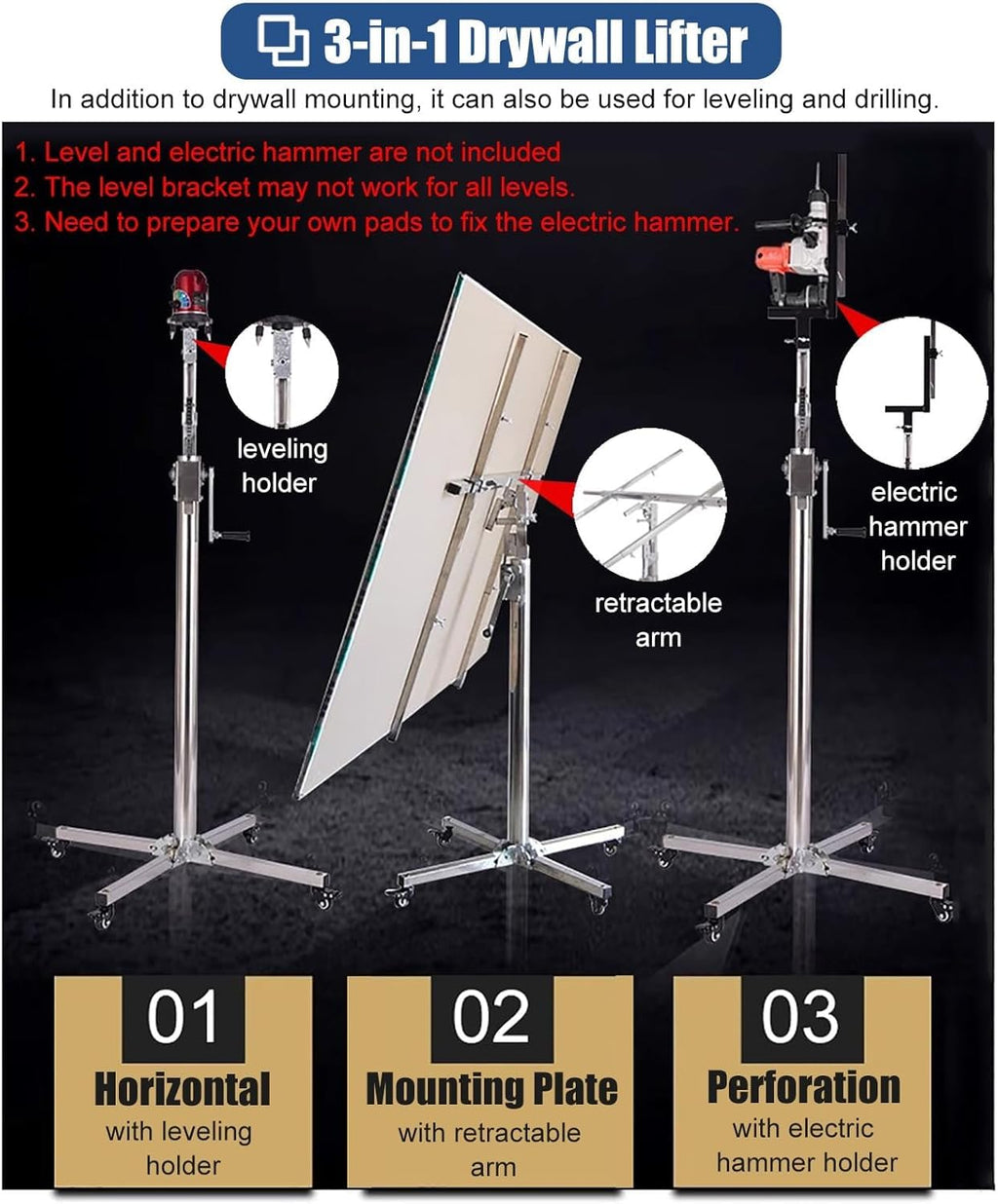 Rolling Sheetrock Jack Lift with Caster, 9/10.5/12/13 Ft Drywall Lifter Panel Hoist, Adjustable Drywall Lifting Hand Tool, Steel Dry Wall Lifters(Max Height 3.2m/10.5ft)