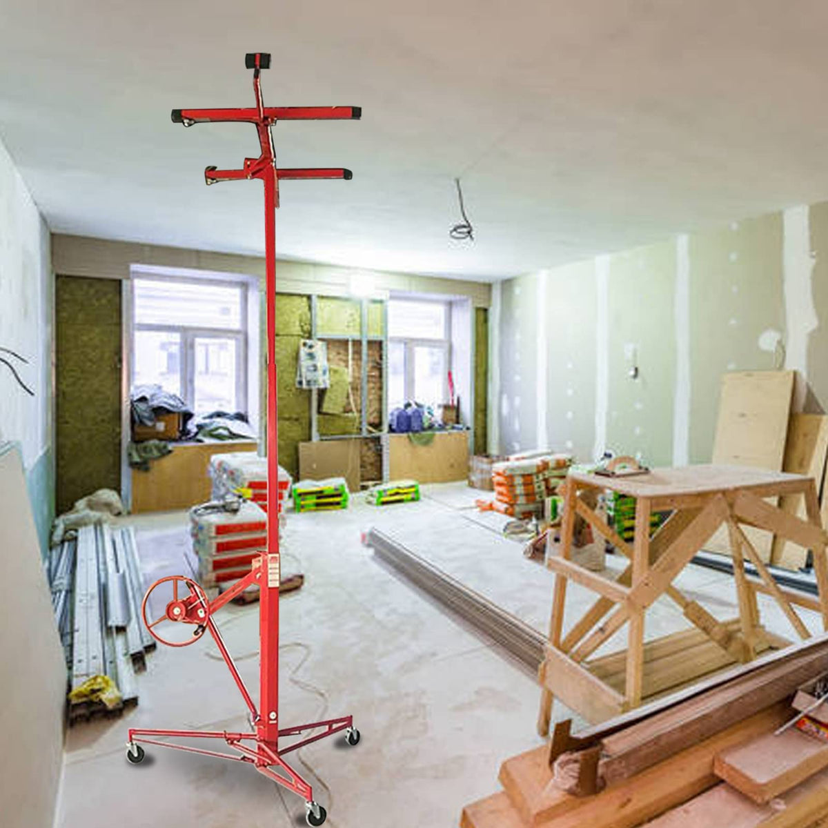 Plasterboard Lifter Height Adjustable Good Load-bearing with Castors Detachable Multi-Function Drywall Lift Plasterboard Panel Rolling Lifter Gadget (Metal)