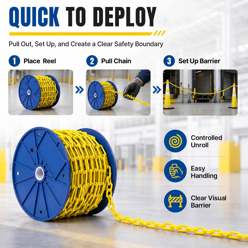 100FT Yellow Safety Chain, G30 Low Carbon Steel 3/16" Safety Chain on Reel