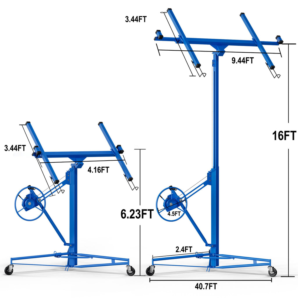 Drywall Lift 16FT, Sheetrock Lift 150LBS Heavy Duty Drywall Lift Panel with 360° Adjustable Telescopic Arm & 3 Lockable Wheels, Drywall Lifter for Home Improvement (Blue)