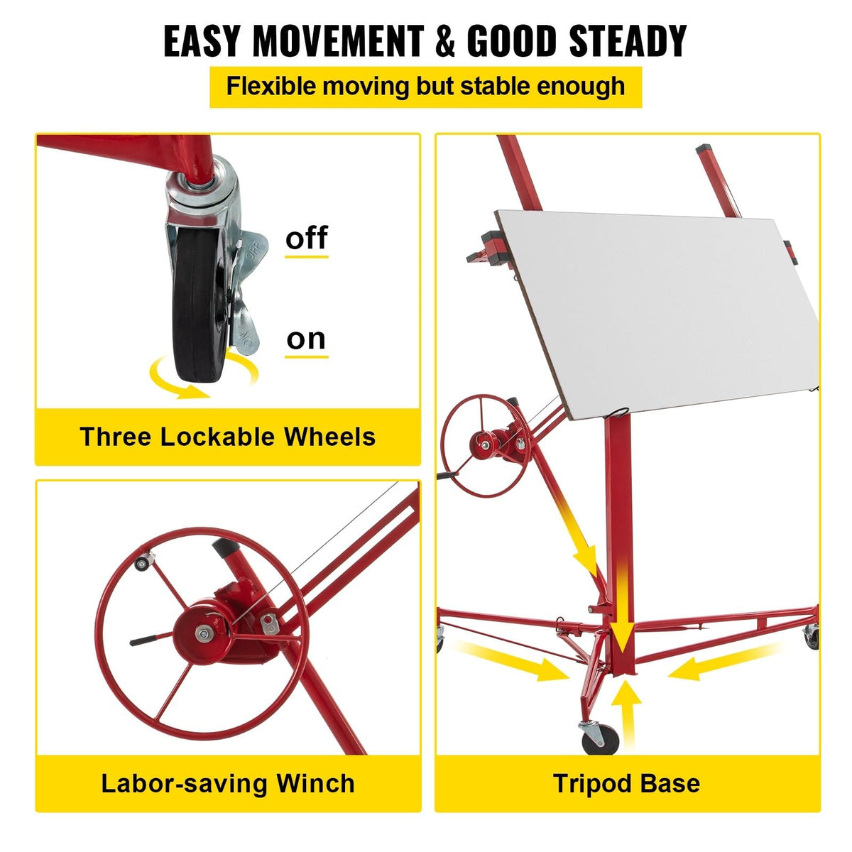 11FT Drywall Rolling Lifter with Lockable Wheels 150Lbs Capacity Heavy Duty Plasterboard Panel Tilting Hoist Jack Lifter