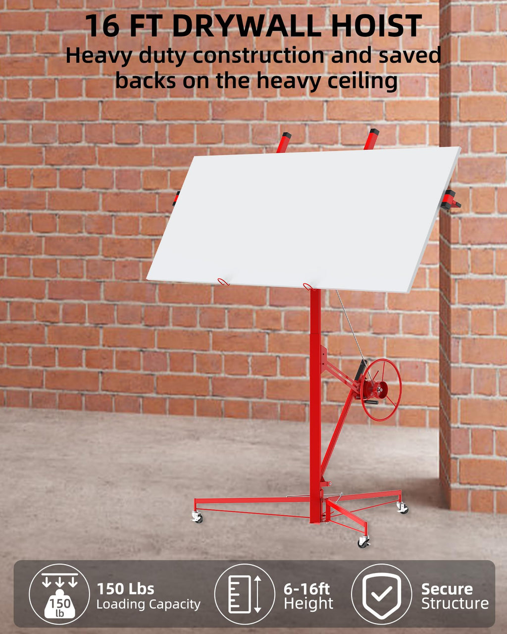 Heavy Duty 16FT Drywall Lift Panel Hoist Jack – 150LBS Capacity – 360° Telescopic Adjustable Arm – 3 Lockable Wheels – Labor-Saving Sheetrock Lifter for Ceiling and Wall Installation