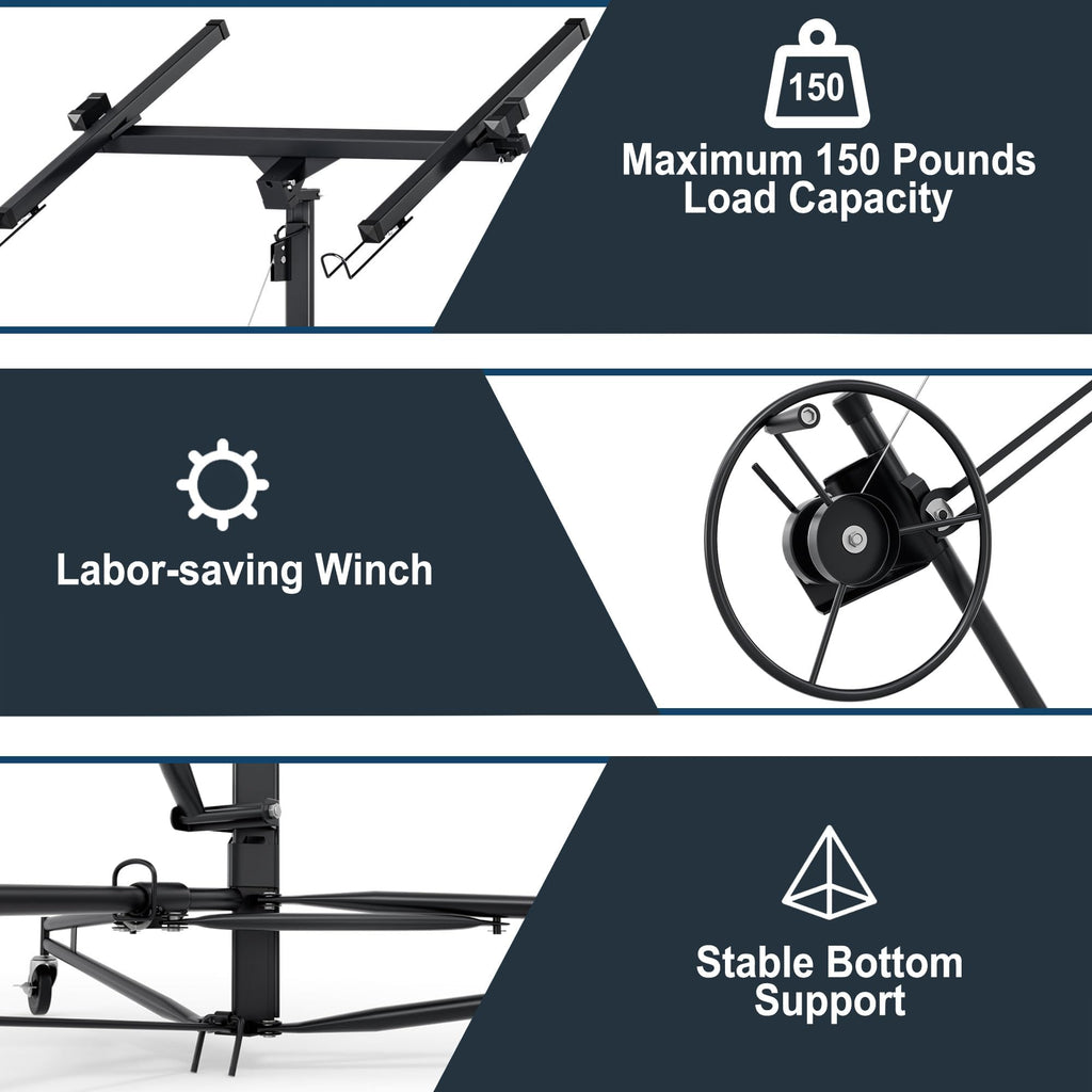 13 FT Drywall Lift Panel Rolling Hoist Jack Lifter, One-Person Operation, 150 LBS Load Capacity, Ideal for DIY and Home Renovation - Adjustable Telescopic Arm, with Wheels