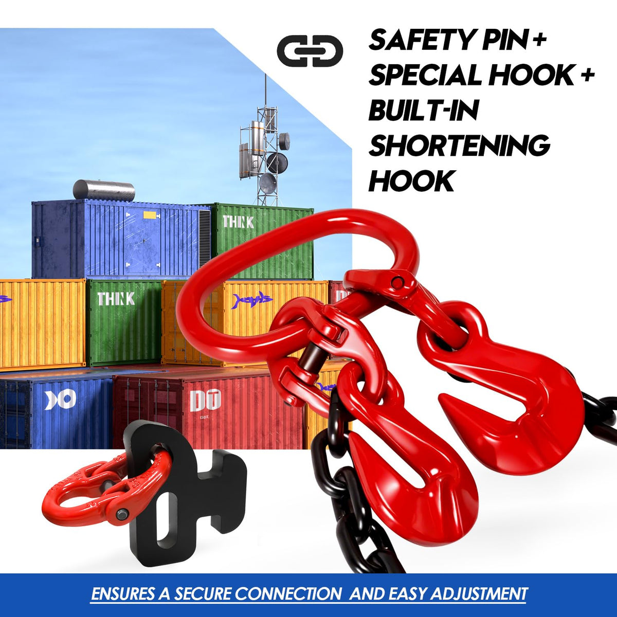 Bundle - 1/2" x 5' G80 Shipping Container Loading Chain with 2 Pack Bridle Hooks & Butterfly Clamps, Heavy Duty Cargo Securing Tie Down for Container Freight