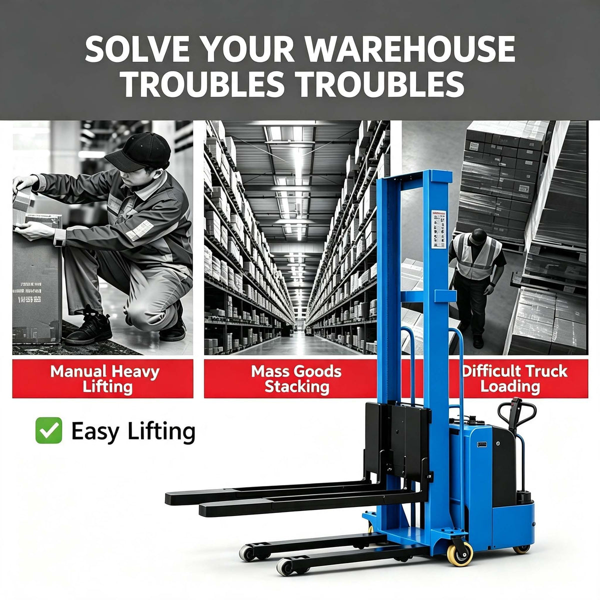 Portable Semi Electric Forklift, Hydraulic Pallet Stacker Material Lift