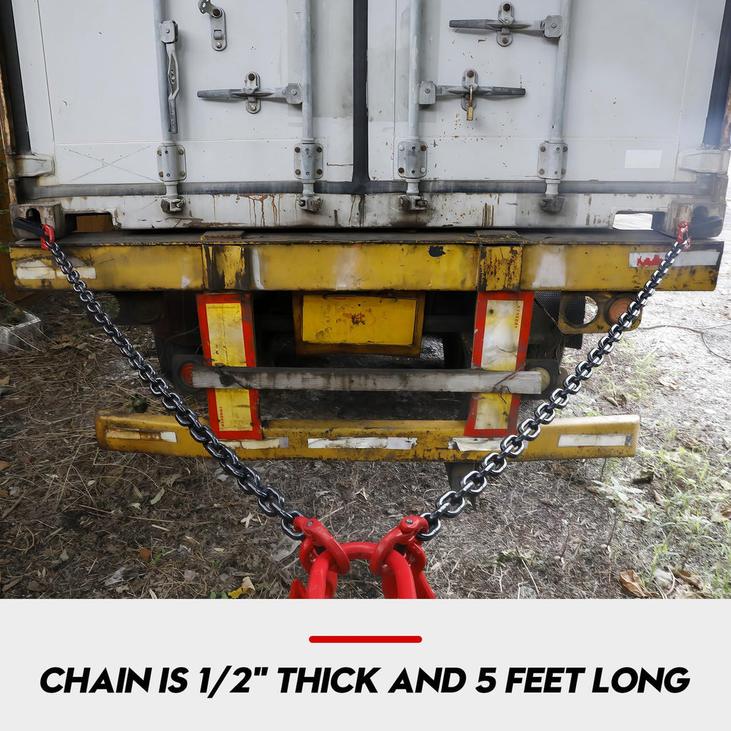 Bundle - 1/2" x 5' G80 Shipping Container Loading Chain with 2 Pack Bridle Hooks & Butterfly Clamps, Heavy Duty Cargo Securing Tie Down for Container Freight