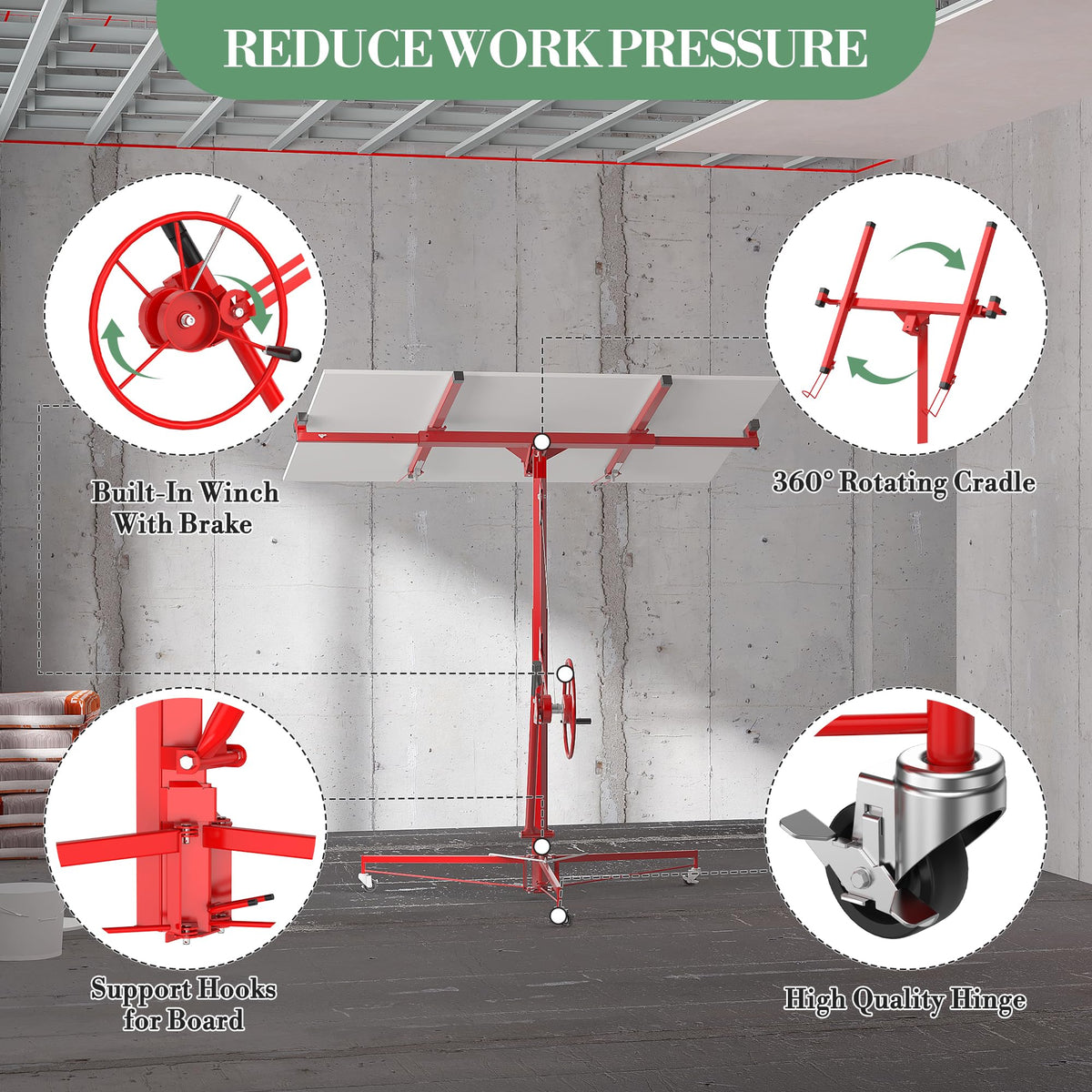 11ft Drywall Lifter Panel Hoist, 150 Lbs Load Capacity Heavy Duty Sheetrock Lift with Wheels, 360° Rotating Adjustable Drywall Jack Lift for Home Improvement, Red