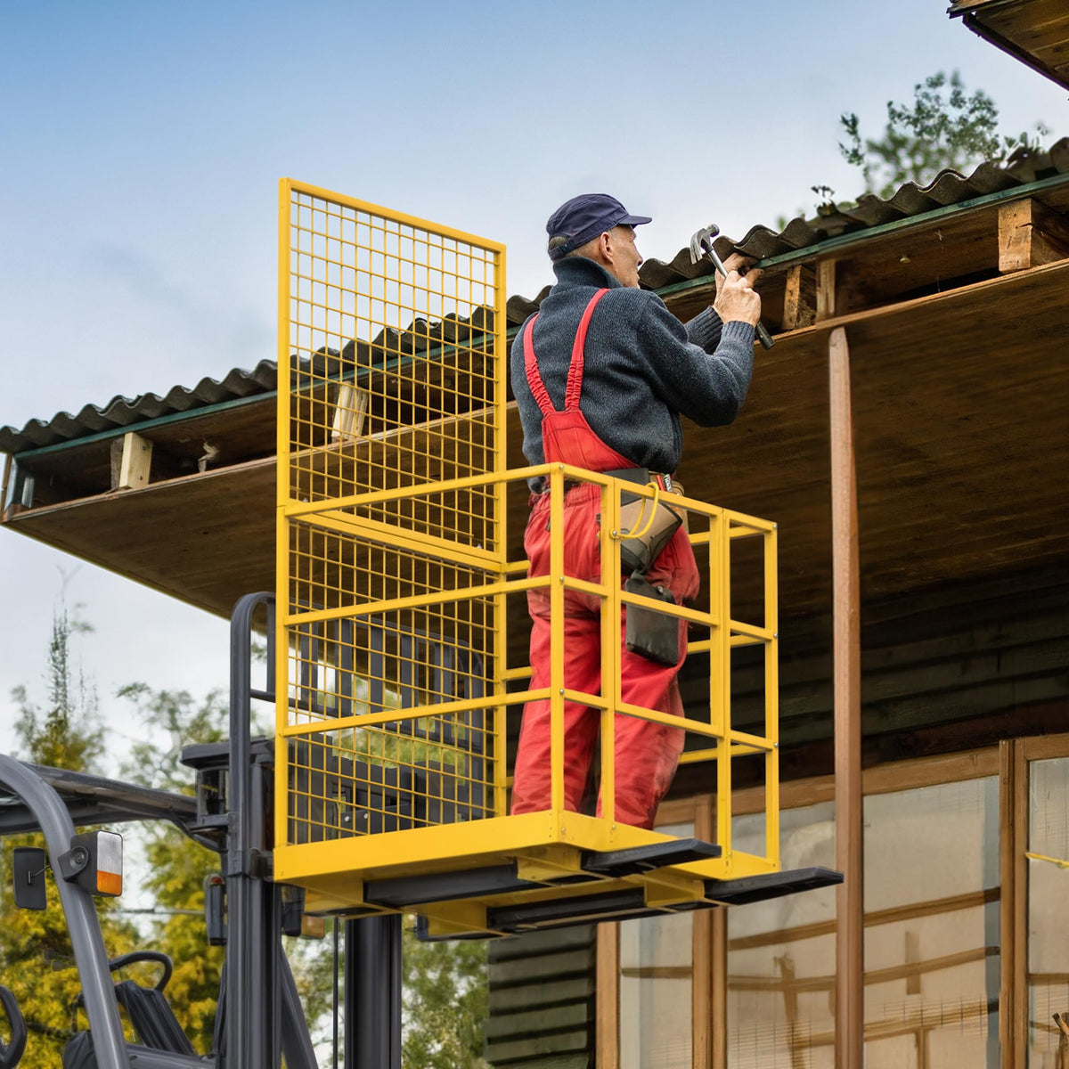 YITAMOTOR 43"x45" Forklift Safety Cage, 1400 LBS Yellow Capacity Forklift Work Platform with Safety Harness, Collapsible Lift Basket Aerial Platform for Lifting Loader