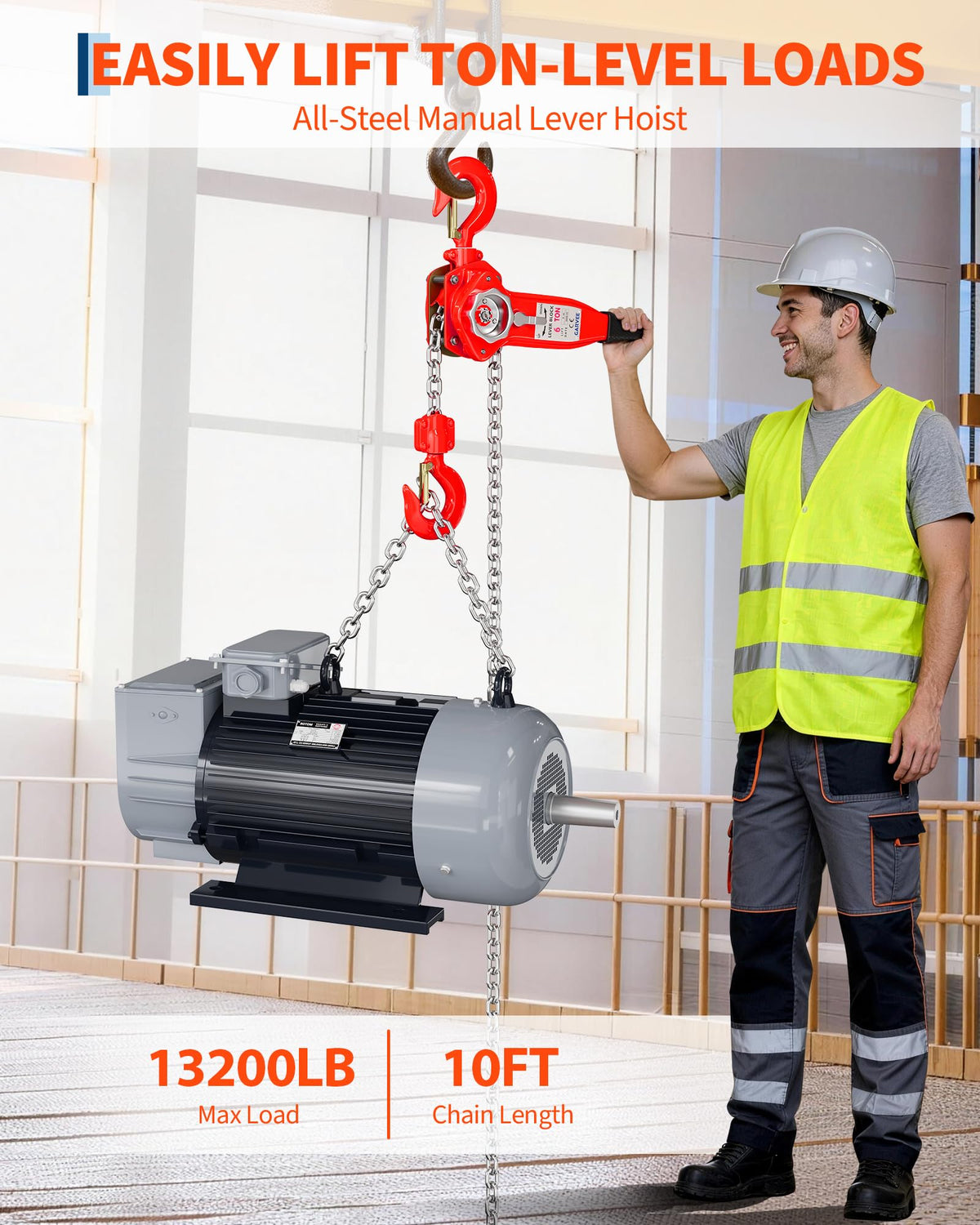 Lever Chain Hoist 6 Ton 13200 LBS 10FT, Manual Ratchet Chain Puller Come Along, Heavy Duty G80 Steel with 360° Swivel Hooks for Garage Warehouse Construction Lifting