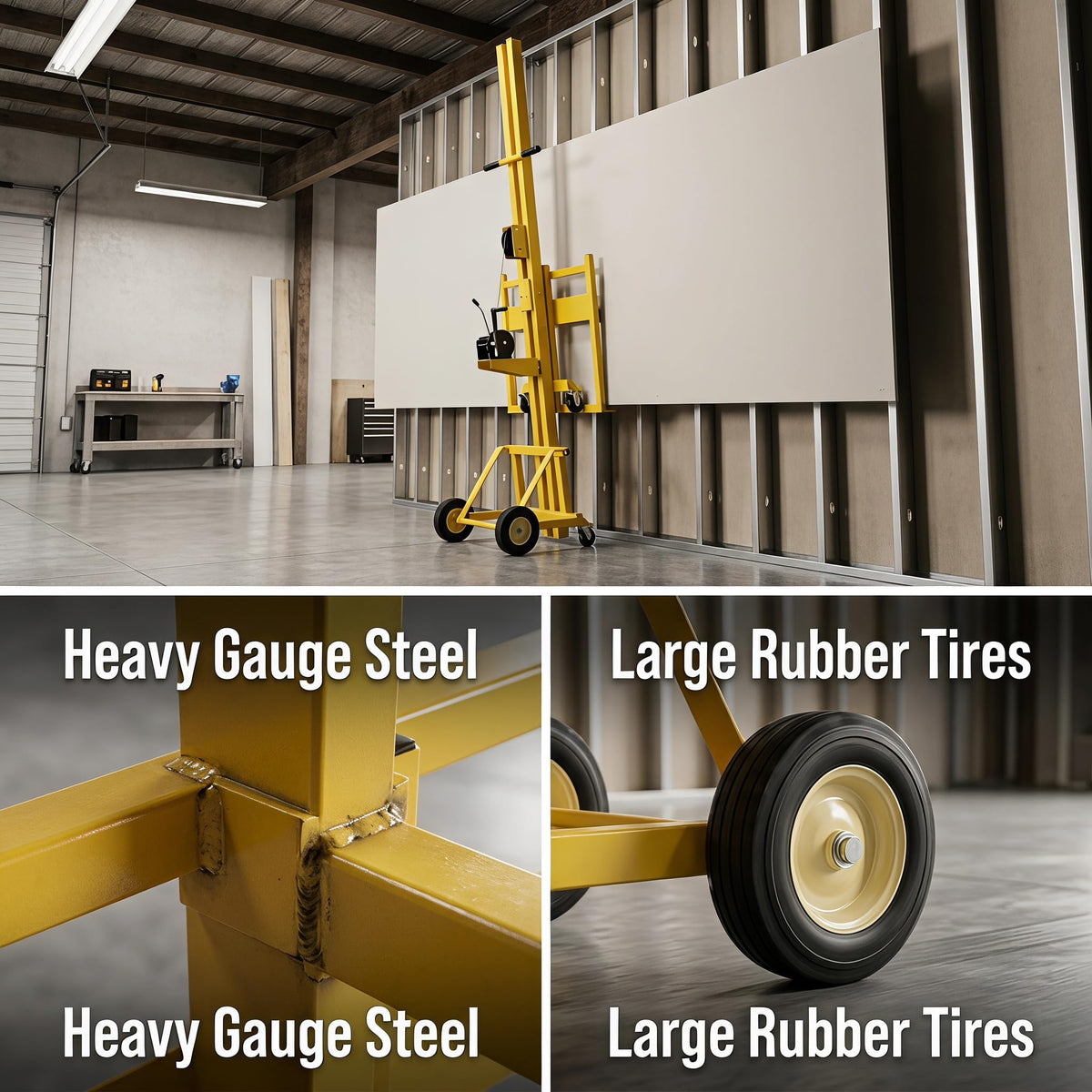 Heavy Duty 10ft Drywall Lifter with 150LB Capacity, Yellow Steel Panel Hoist for Drywall OSB Plywood Cement Board, Auto Locking Winch and Durable Casters