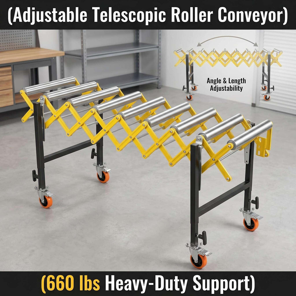 Roller Stand for Table Saw, Adjustable Conveyor with 9 Rollers. Length 23.6-50 in, Height 30-50 in. 660 Lbs Capacity. Tilt 30-50°. Built-in Hooks to Connect Multiple Units. for Woodworking Shops.
