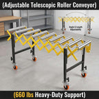 Roller Stand for Table Saw, Adjustable Conveyor with 9 Rollers. Length 23.6-50 in, Height 30-50 in. 660 Lbs Capacity. Tilt 30-50°. Built-in Hooks to Connect Multiple Units. for Woodworking Shops.