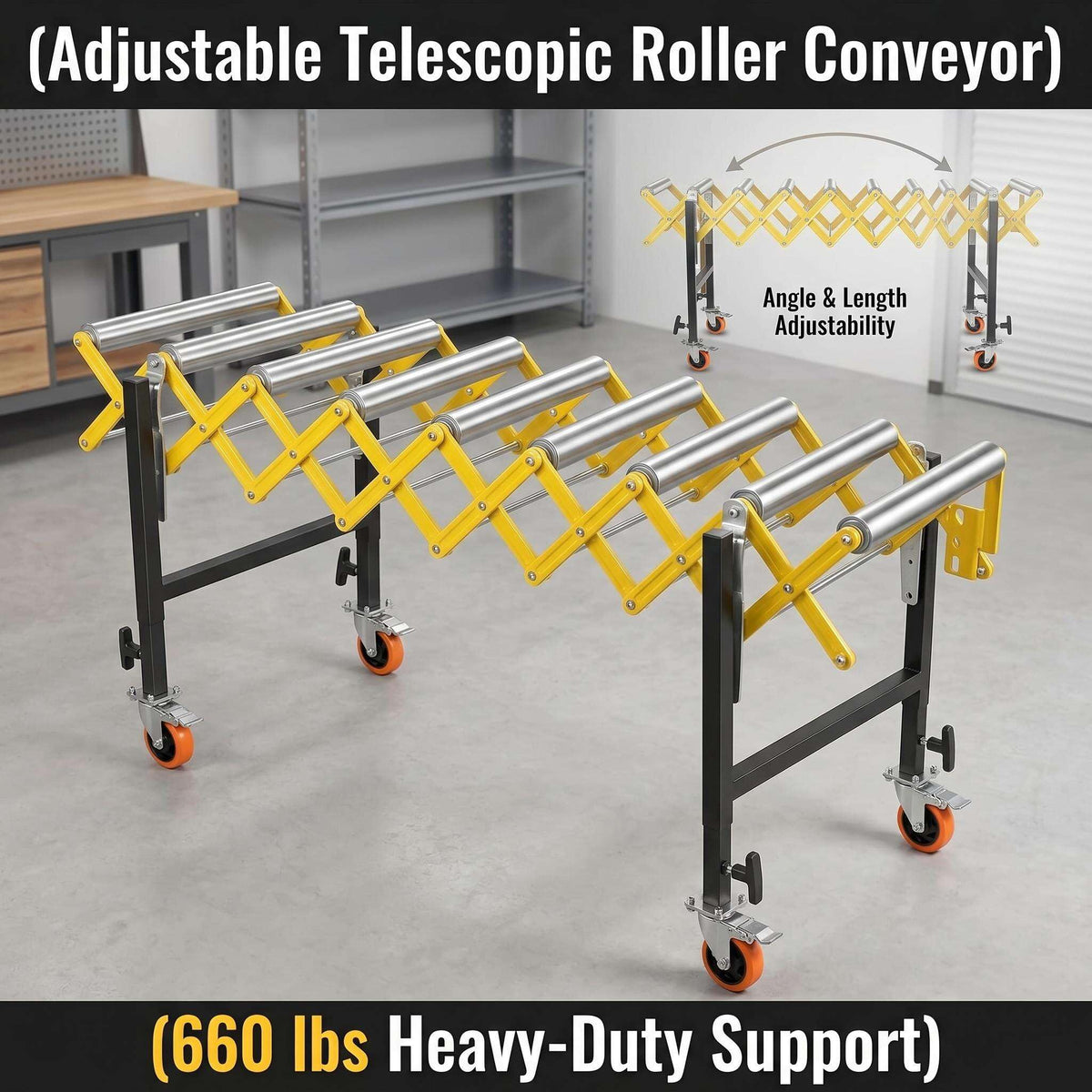 Roller Stand for Table Saw, Adjustable Conveyor with 9 Rollers. Length 23.6-50 in, Height 30-50 in. 660 Lbs Capacity. Tilt 30-50°. Built-in Hooks to Connect Multiple Units. for Woodworking Shops.