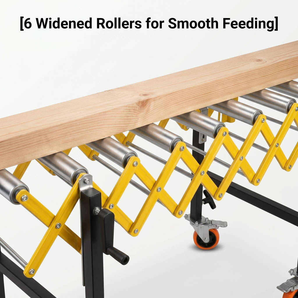 Roller Stand for Table Saw, Adjustable Conveyor with 9 Rollers. Length 23.6-50 in, Height 30-50 in. 660 Lbs Capacity. Tilt 30-50°. Built-in Hooks to Connect Multiple Units. for Woodworking Shops.