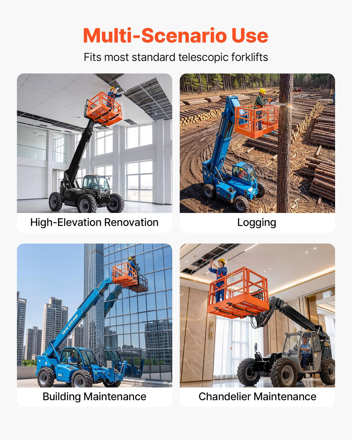 VEVOR Mesh Telehandler Work Platform, 48 x 73.9 Inch, Man Safety Basket, 2000 lbs Capacity, Forklift Telehandler Attachment, Safety Cage, Heavy Duty Carbon Steel, for Most Aerial Jobs Lifting Loader