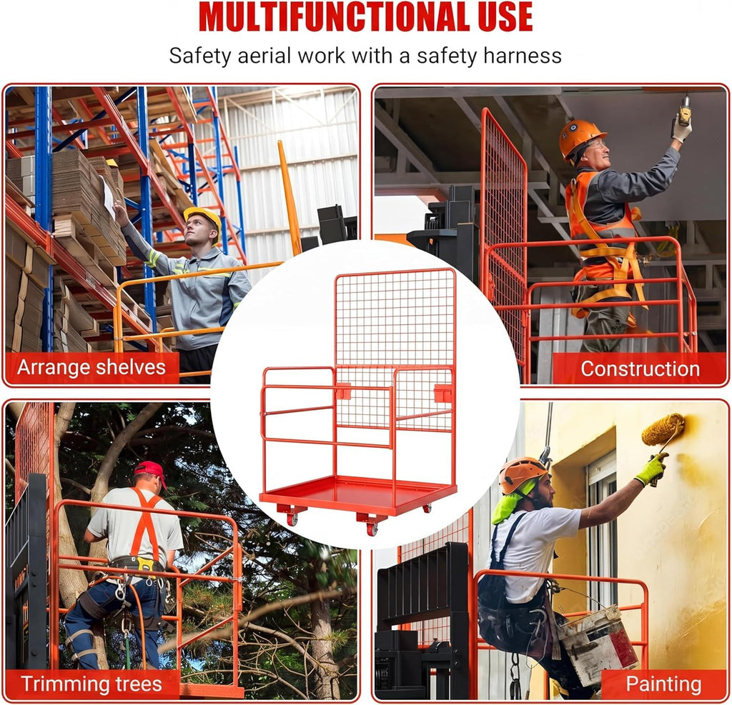 Forklift Safety Cage 43"x45", Heavy Duty Steel Man Basket, 2200lbs Load, Collapsible Work Platform, Safety Harness & Lock, 2-Man Collapsible Lift Basket for Facility Security and Loader Lifting