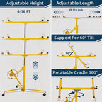 16 ft Drywall Lift, 150 LB Capacity, Heavy Duty Sheetrock Panel Hoist with Telescoping Arm, 360° Rotating & 60° Tilting Cradle, Adjustable Drywall Lifter for Ceilings & Walls, Yellow
