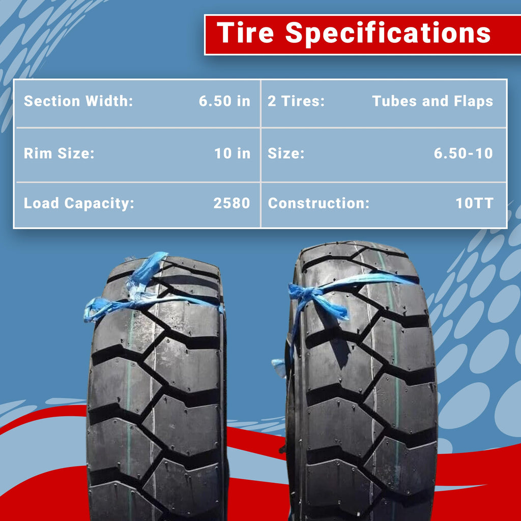 Two 650-10 Forklift Heavy Duty Tires 6.50-10 with Tube, Flap, Guard Commercial-Grade Durable and Versatile Solution Tires for Industrial use