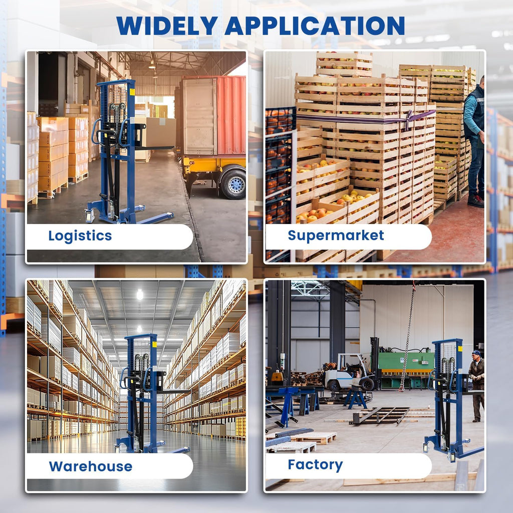 Manual Pallet Stacker 2200 LBS Capacity, 63" Lift Height Hand Pallet Forklift with Adjustable Forks & Fixed Legs, Heavy Duty Warehouse Material Lift for Open Deck Pallets