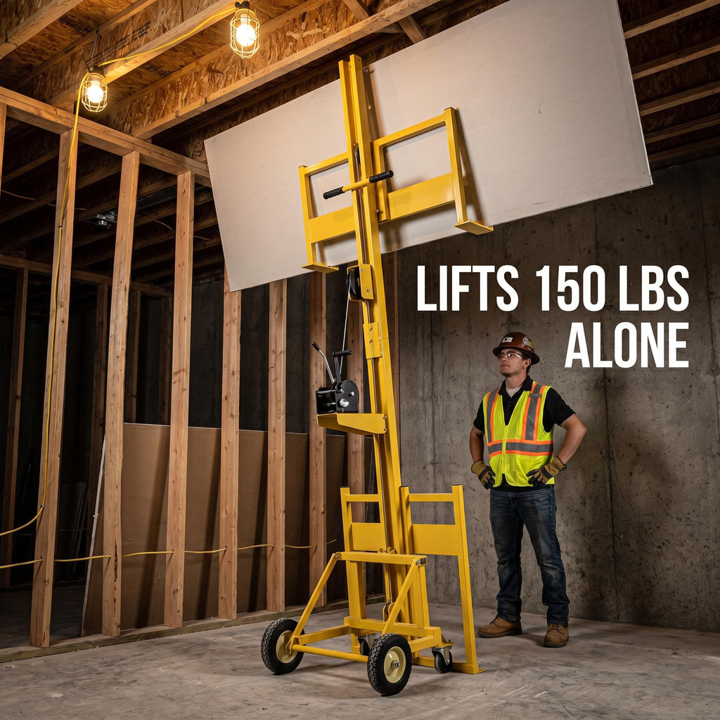 Heavy Duty 10ft Drywall Lifter with 150LB Capacity, Yellow Steel Panel Hoist for Drywall OSB Plywood Cement Board, Auto Locking Winch and Durable Casters