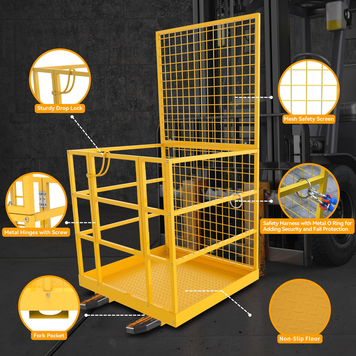 Forklift Safety Cage, 43"x45" Forklift Man Basket,1300lbs Capacity Forklift Work Platform, Forklift Aerial Platform 2-Man Collapsible Lift Basket for Lifting Loader